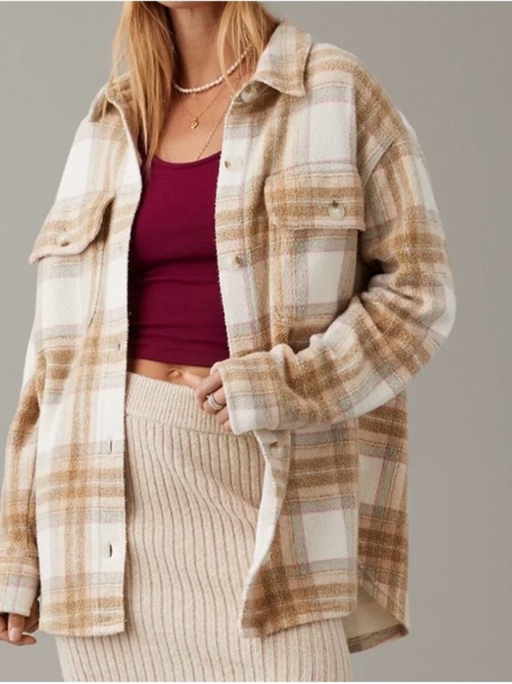 American Eagle Tan & Cream Oversized Plaid Fleece & Love Shacket